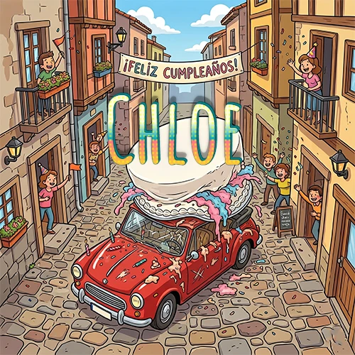 Un pueblo europeo celebrando un cumpleaños con un auto rojo cargando una torta y el nombre Chloe flotando
