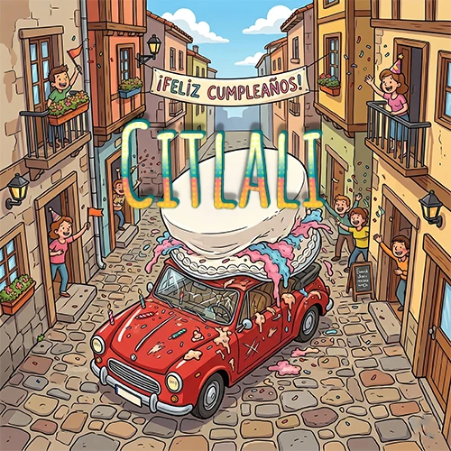 Un pueblo europeo celebrando un cumpleaños con un auto rojo cargando una torta y el nombre Citlali flotando