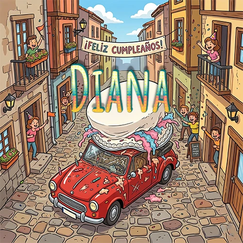 Un pueblo europeo celebrando un cumpleaños con un auto rojo cargando una torta y el nombre Diana flotando