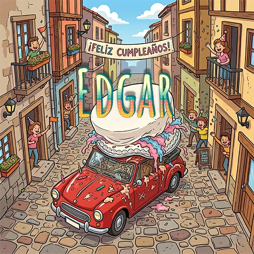 Un pueblo europeo celebrando un cumpleaños con un auto rojo cargando una torta y el nombre Edgar flotando