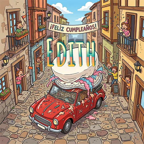 Un pueblo europeo celebrando un cumpleaños con un auto rojo cargando una torta y el nombre Edith flotando