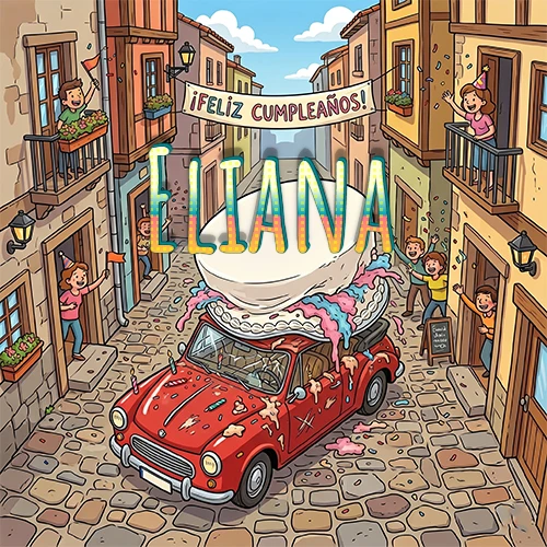Un pueblo europeo celebrando un cumpleaños con un auto rojo cargando una torta y el nombre Eliana flotando