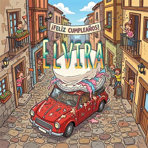 Un pueblo europeo celebrando un cumpleaños con un auto rojo cargando una torta y el nombre Elvira flotando