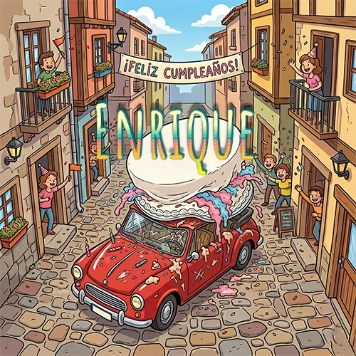 Un pueblo europeo celebrando un cumpleaños con un auto rojo cargando una torta y el nombre Enrique flotando