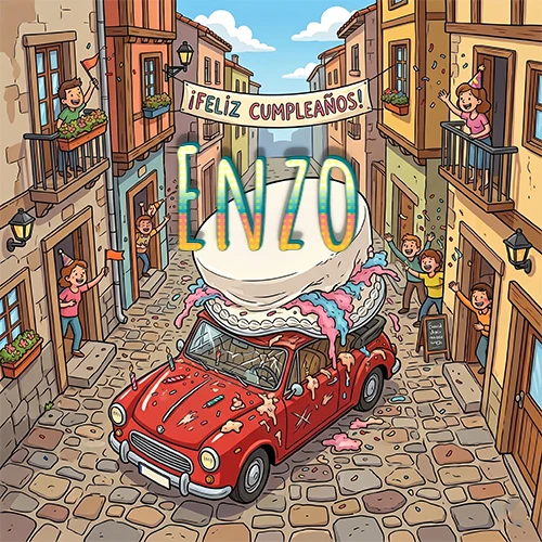 Un pueblo europeo celebrando un cumpleaños con un auto rojo cargando una torta y el nombre Enzo flotando