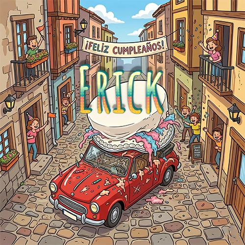 Un pueblo europeo celebrando un cumpleaños con un auto rojo cargando una torta y el nombre Erick flotando