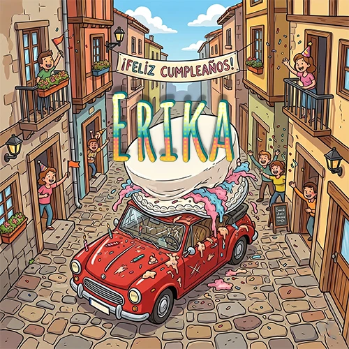 Un pueblo europeo celebrando un cumpleaños con un auto rojo cargando una torta y el nombre Erika flotando
