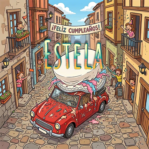 Un pueblo europeo celebrando un cumpleaños con un auto rojo cargando una torta y el nombre Estela flotando
