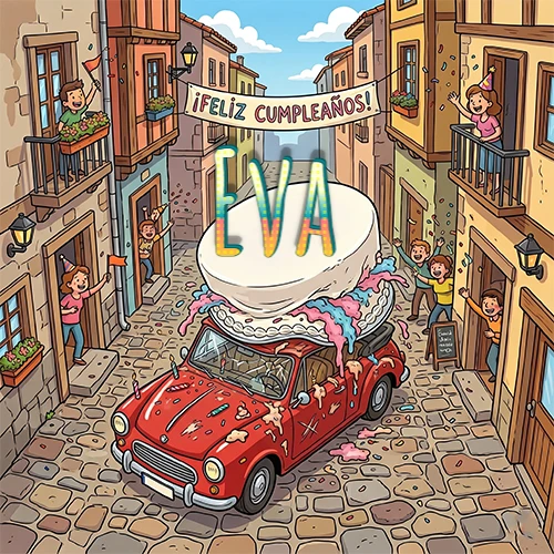 Un pueblo europeo celebrando un cumpleaños con un auto rojo cargando una torta y el nombre Eva flotando