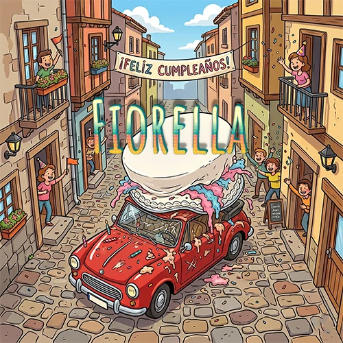Un pueblo europeo celebrando un cumpleaños con un auto rojo cargando una torta y el nombre Fiorella flotando