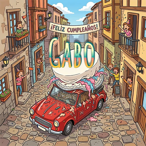 Un pueblo europeo celebrando un cumpleaños con un auto rojo cargando una torta y el nombre Gabo flotando