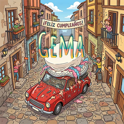 Un pueblo europeo celebrando un cumpleaños con un auto rojo cargando una torta y el nombre Gema flotando