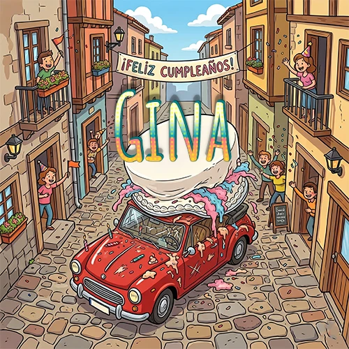 Un pueblo europeo celebrando un cumpleaños con un auto rojo cargando una torta y el nombre Gina flotando