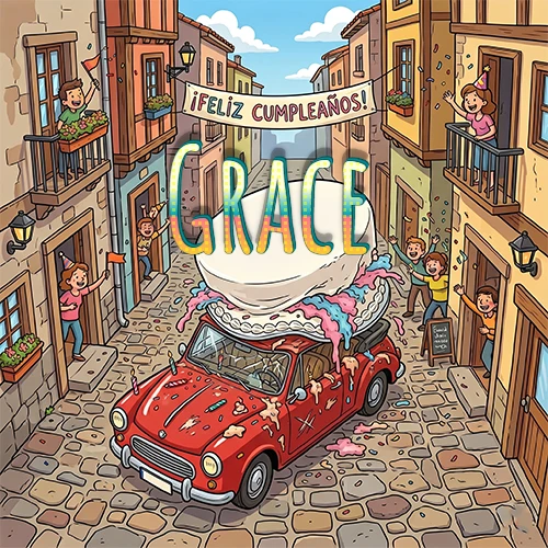 Un pueblo europeo celebrando un cumpleaños con un auto rojo cargando una torta y el nombre Grace flotando