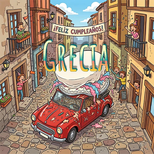 Un pueblo europeo celebrando un cumpleaños con un auto rojo cargando una torta y el nombre Grecia flotando