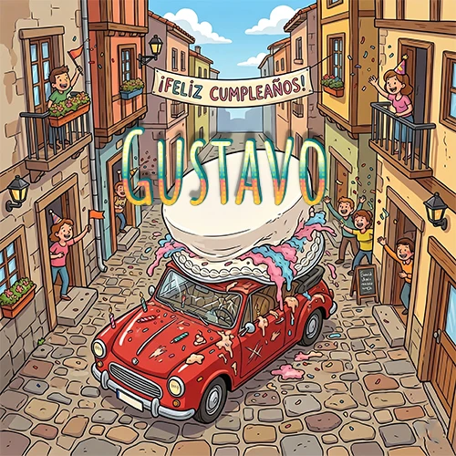 Un pueblo europeo celebrando un cumpleaños con un auto rojo cargando una torta y el nombre Gustavo flotando