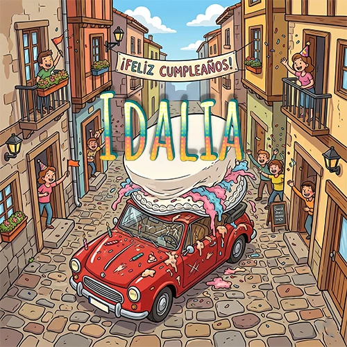 Un pueblo europeo celebrando un cumpleaños con un auto rojo cargando una torta y el nombre Idalia flotando