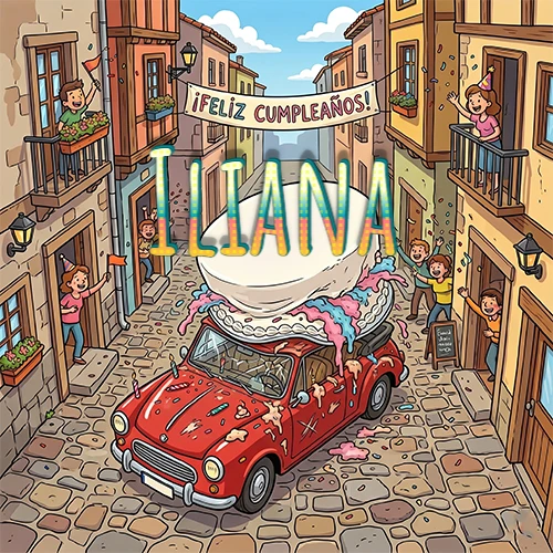 Un pueblo europeo celebrando un cumpleaños con un auto rojo cargando una torta y el nombre Iliana flotando