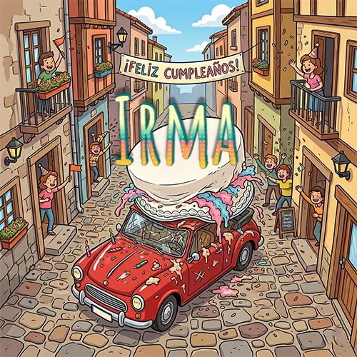 Un pueblo europeo celebrando un cumpleaños con un auto rojo cargando una torta y el nombre Irma flotando