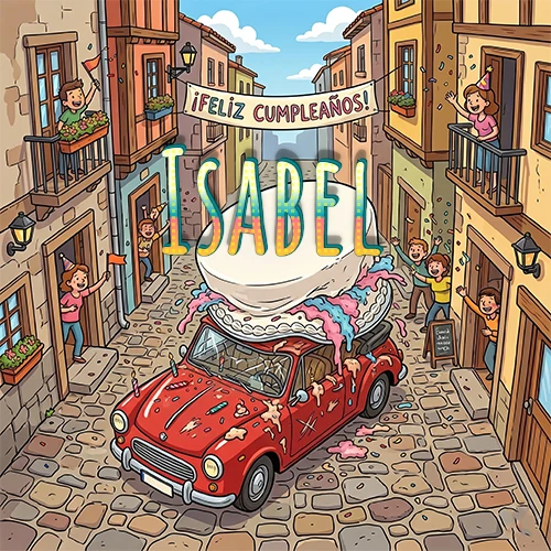 Un pueblo europeo celebrando un cumpleaños con un auto rojo cargando una torta y el nombre Isabel flotando