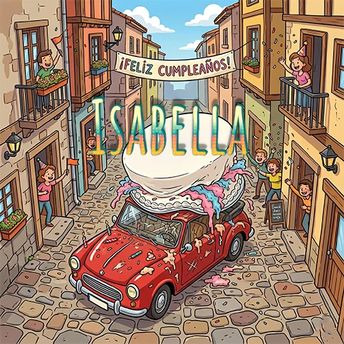 Un pueblo europeo celebrando un cumpleaños con un auto rojo cargando una torta y el nombre Isabella flotando