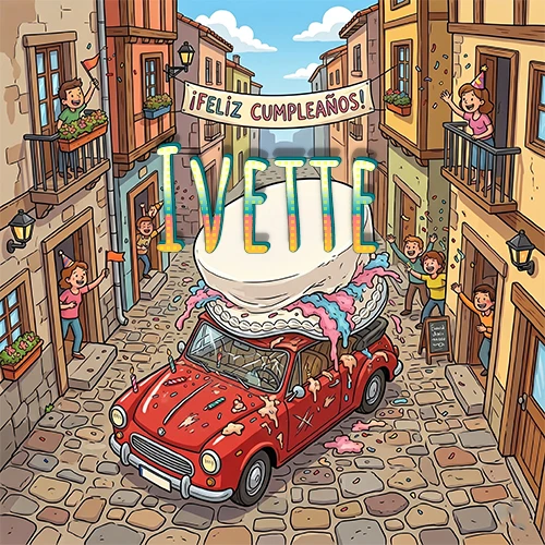 Un pueblo europeo celebrando un cumpleaños con un auto rojo cargando una torta y el nombre Ivette flotando