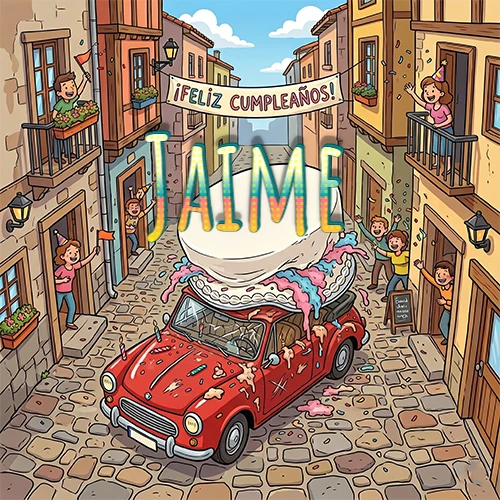 Un pueblo europeo celebrando un cumpleaños con un auto rojo cargando una torta y el nombre Jaime flotando