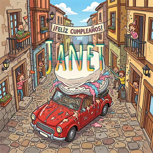 Un pueblo europeo celebrando un cumpleaños con un auto rojo cargando una torta y el nombre Janet flotando