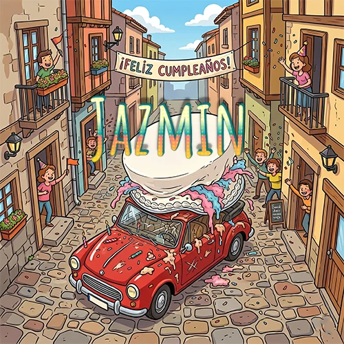 Un pueblo europeo celebrando un cumpleaños con un auto rojo cargando una torta y el nombre Jazmin flotando