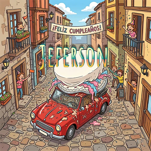 Un pueblo europeo celebrando un cumpleaños con un auto rojo cargando una torta y el nombre Jeferson flotando