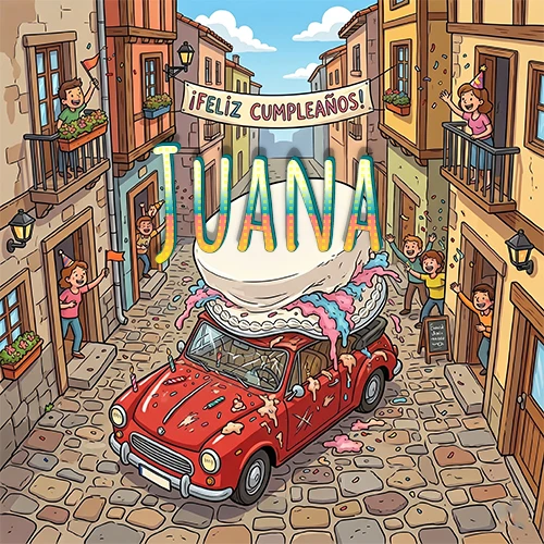 Un pueblo europeo celebrando un cumpleaños con un auto rojo cargando una torta y el nombre Juana flotando