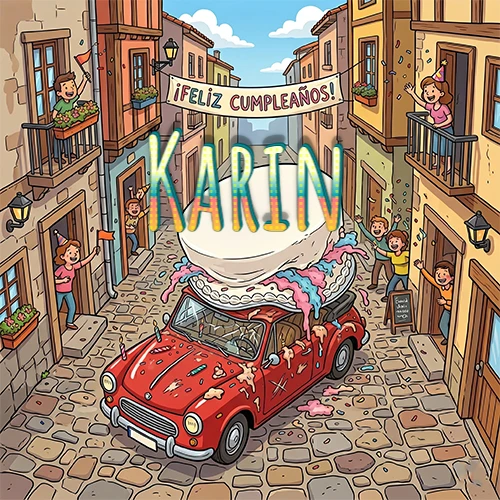 Un pueblo europeo celebrando un cumpleaños con un auto rojo cargando una torta y el nombre Karin flotando