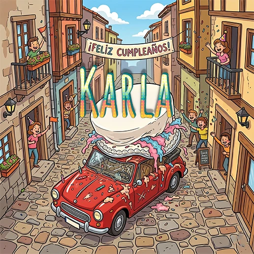 Un pueblo europeo celebrando un cumpleaños con un auto rojo cargando una torta y el nombre Karla flotando
