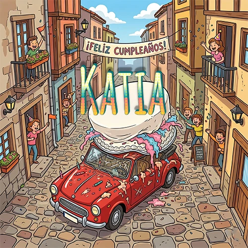 Un pueblo europeo celebrando un cumpleaños con un auto rojo cargando una torta y el nombre Katia flotando