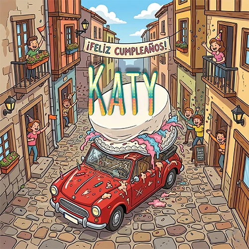 Un pueblo europeo celebrando un cumpleaños con un auto rojo cargando una torta y el nombre Katy flotando