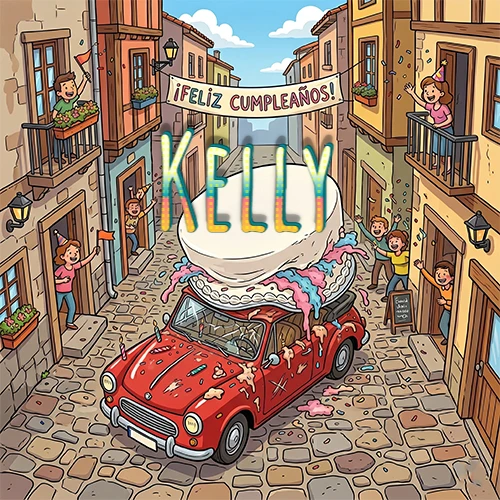 Un pueblo europeo celebrando un cumpleaños con un auto rojo cargando una torta y el nombre Kelly flotando