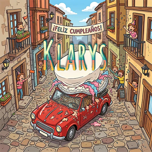 Un pueblo europeo celebrando un cumpleaños con un auto rojo cargando una torta y el nombre Klarys flotando
