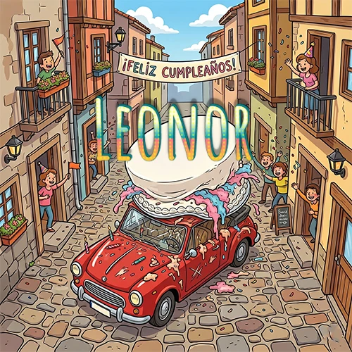 Un pueblo europeo celebrando un cumpleaños con un auto rojo cargando una torta y el nombre Leonor flotando