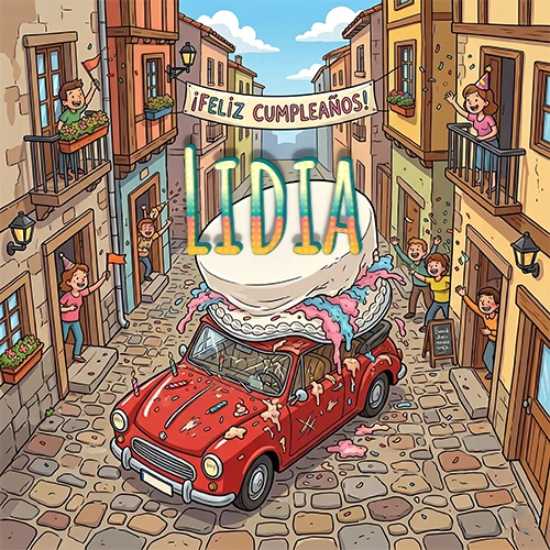 Un pueblo europeo celebrando un cumpleaños con un auto rojo cargando una torta y el nombre Lidia flotando