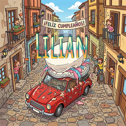 Un pueblo europeo celebrando un cumpleaños con un auto rojo cargando una torta y el nombre Lilian flotando
