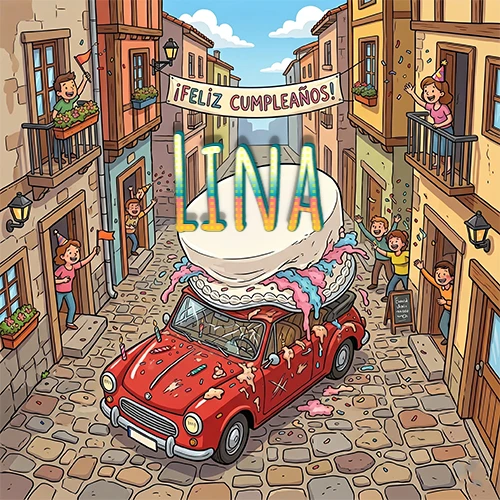 Un pueblo europeo celebrando un cumpleaños con un auto rojo cargando una torta y el nombre Lina flotando