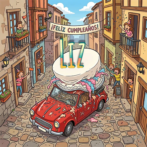 Un pueblo europeo celebrando un cumpleaños con un auto rojo cargando una torta y el nombre Liz flotando