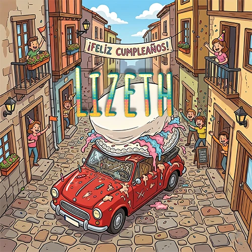 Un pueblo europeo celebrando un cumpleaños con un auto rojo cargando una torta y el nombre Lizeth flotando