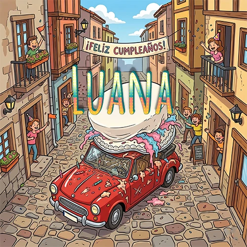 Un pueblo europeo celebrando un cumpleaños con un auto rojo cargando una torta y el nombre Luana flotando