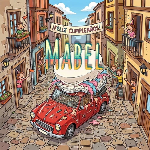 Un pueblo europeo celebrando un cumpleaños con un auto rojo cargando una torta y el nombre Mabel flotando