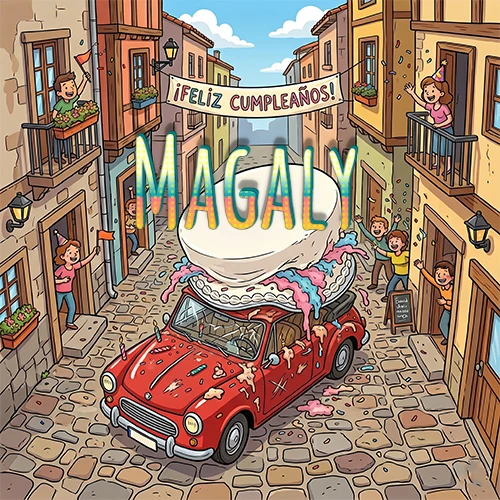 Un pueblo europeo celebrando un cumpleaños con un auto rojo cargando una torta y el nombre Magaly flotando