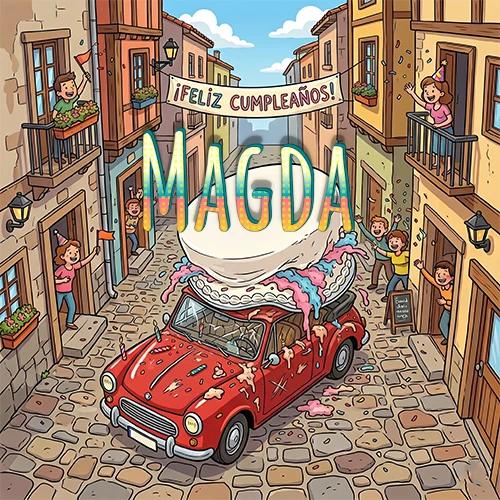 Un pueblo europeo celebrando un cumpleaños con un auto rojo cargando una torta y el nombre Magda flotando