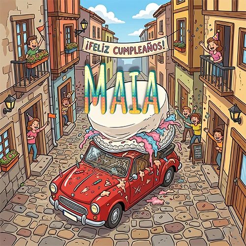 Un pueblo europeo celebrando un cumpleaños con un auto rojo cargando una torta y el nombre Maia flotando