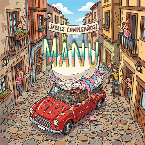Un pueblo europeo celebrando un cumpleaños con un auto rojo cargando una torta y el nombre Manu flotando