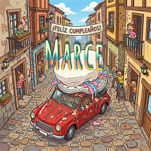 Un pueblo europeo celebrando un cumpleaños con un auto rojo cargando una torta y el nombre Marce flotando